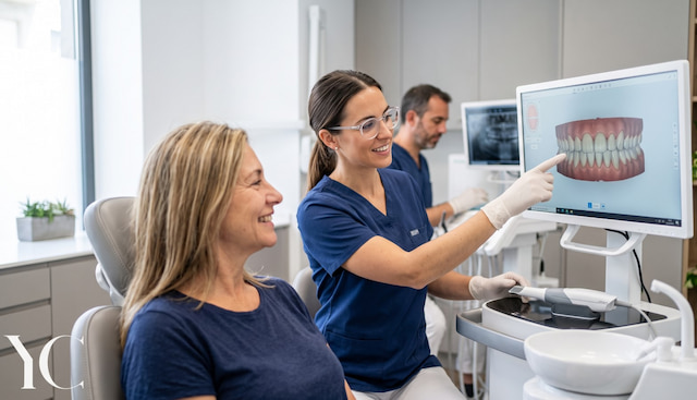Alineadores transparentes en la sonrisa de una persona adulta